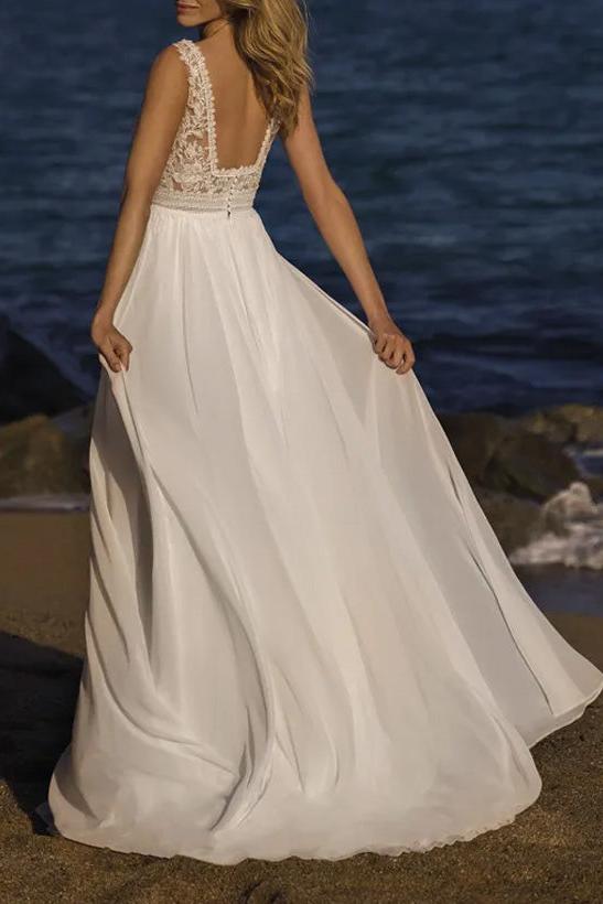 A-Line Square Neckline Sleeveless Sweep Train Chiffon/Lace Beach Wedding Dresses