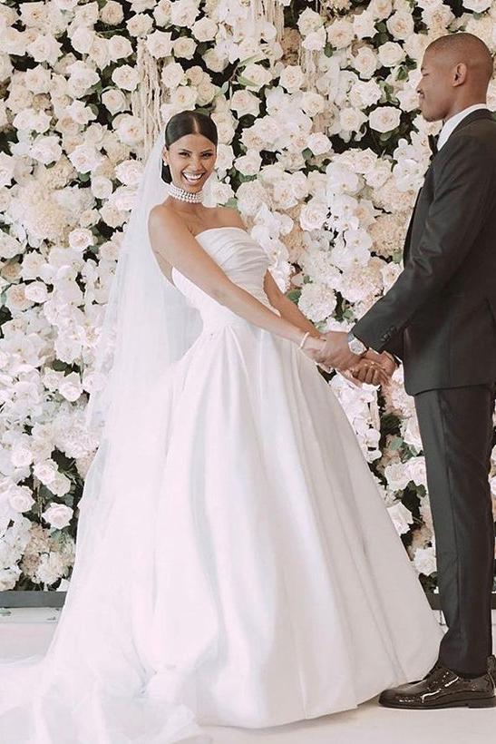 A-Line Strapless Chapel Train Elegant Satin Wedding Dresses With Front Split