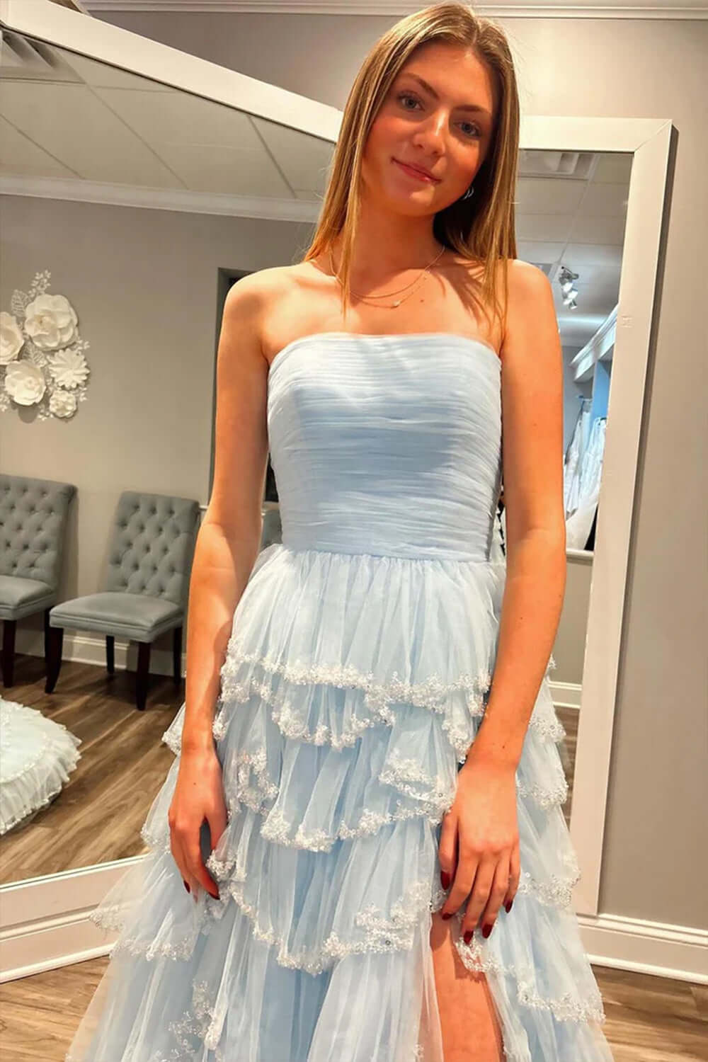 Dreamyannie Light Blue Prom Dress Strapless Ruffled Long Evening Dress With Slit
