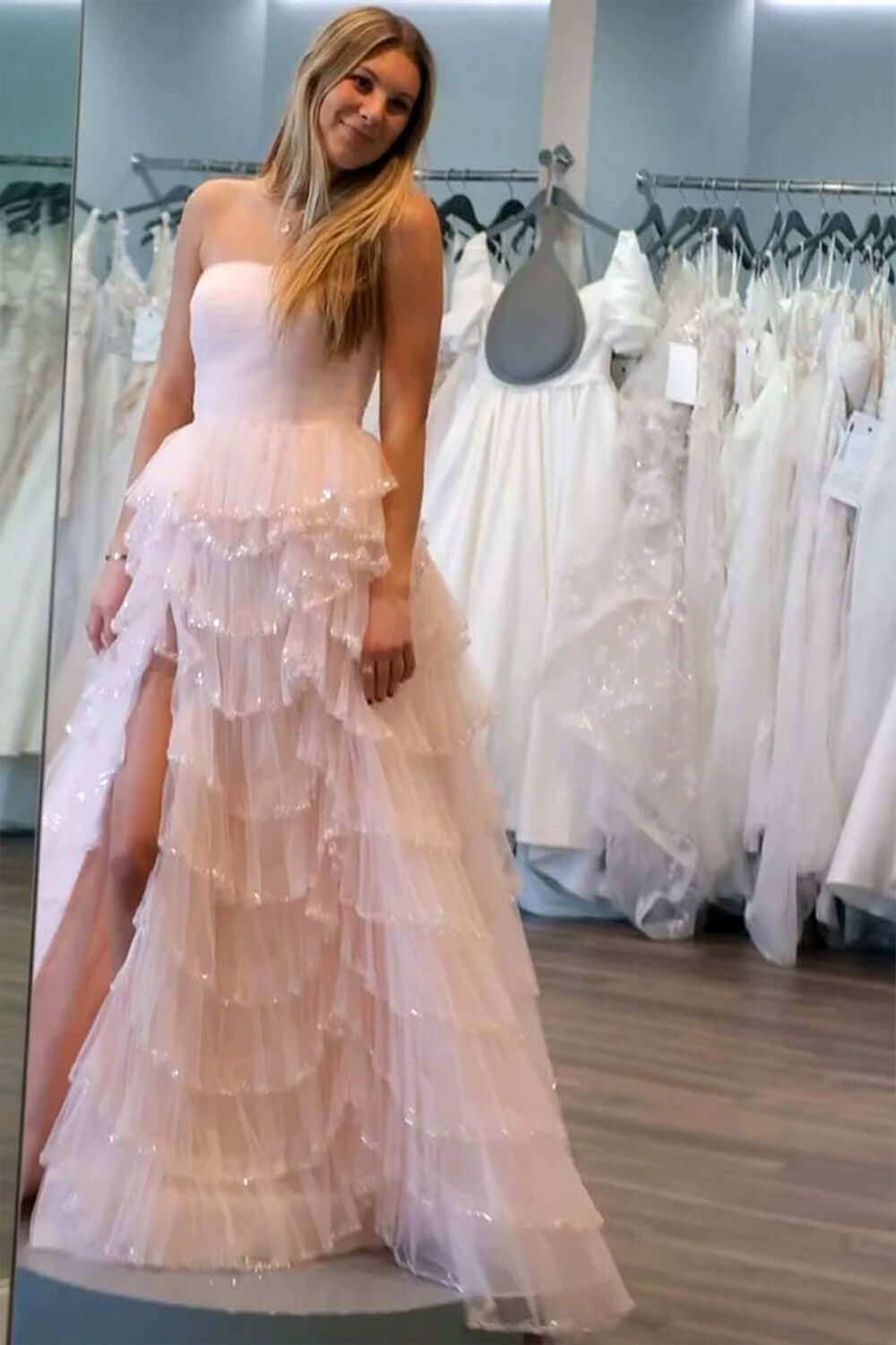 Dreamyannie Light Blue Prom Dress Strapless Ruffled Long Evening Dress With Slit