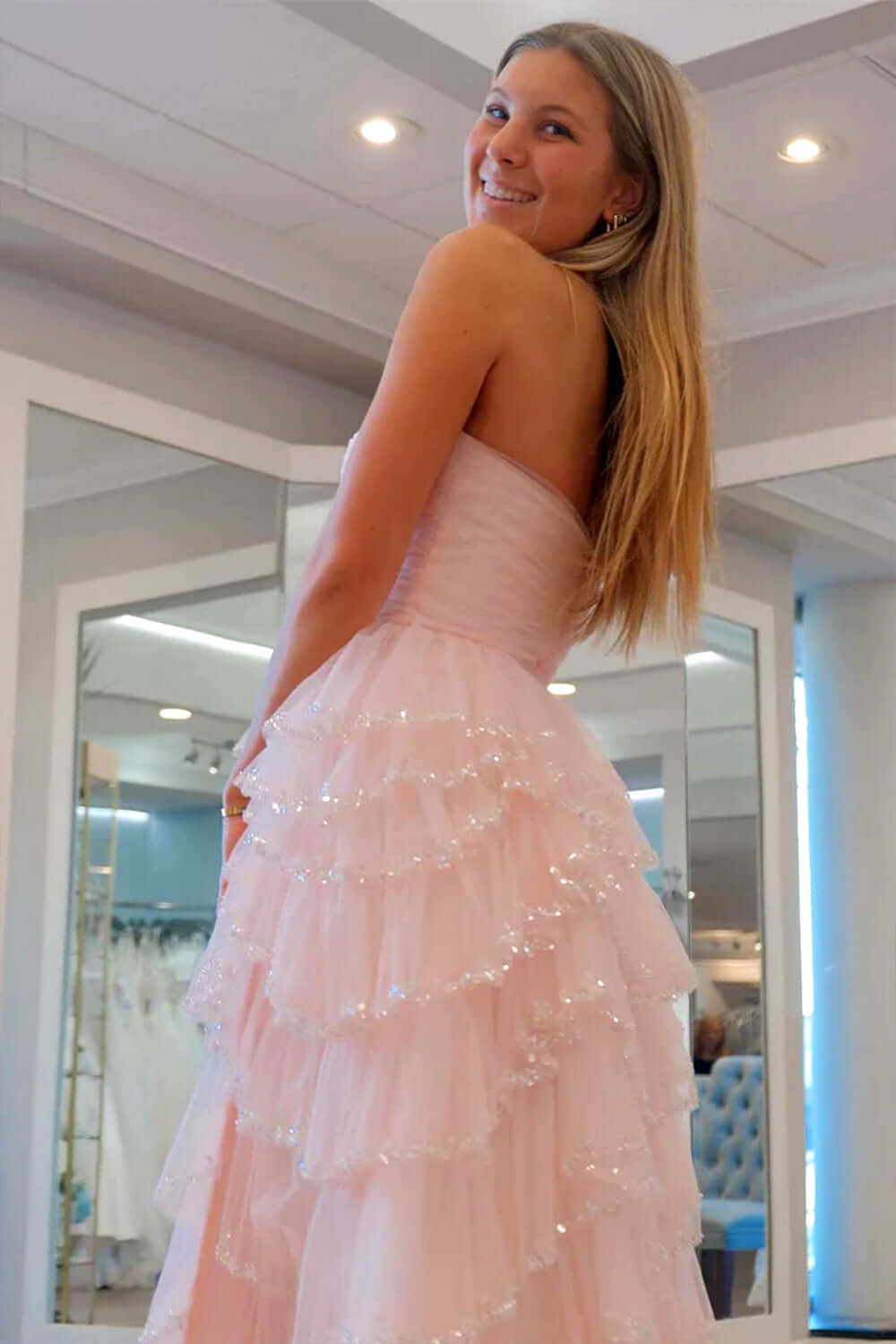 Dreamyannie Light Blue Prom Dress Strapless Ruffled Long Evening Dress With Slit