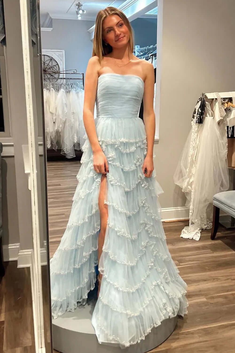 Dreamyannie Light Blue Prom Dress Strapless Ruffled Long Evening Dress With Slit