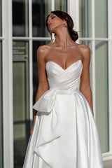 A-Line Strapless Satin Beach Wedding Dress With Split Front Bow