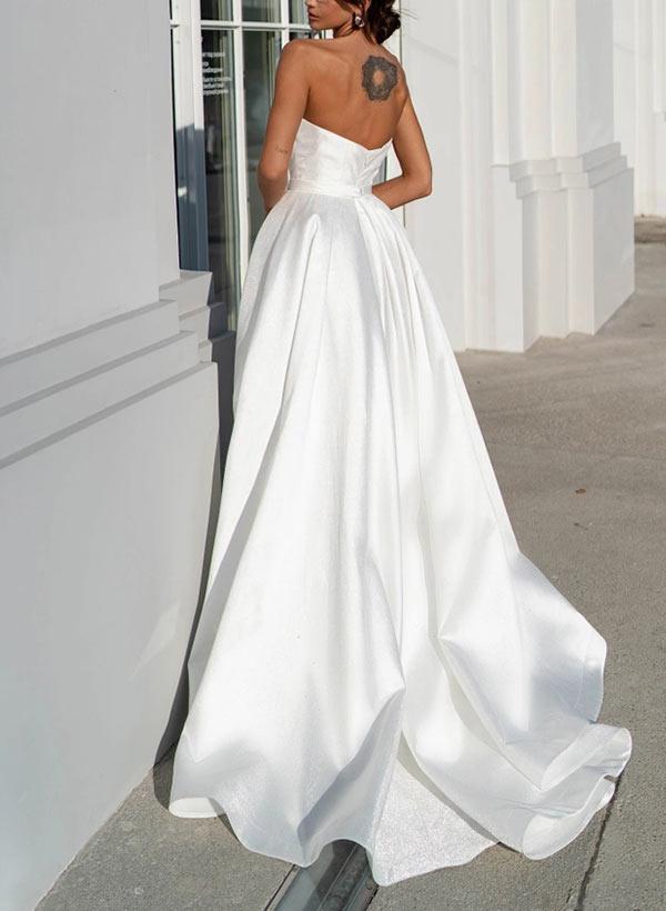 A-Line Strapless Satin Beach Wedding Dress With Split Front Bow