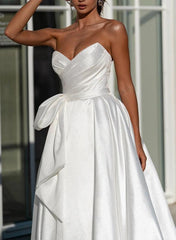 A-Line Strapless Satin Beach Wedding Dress With Split Front Bow