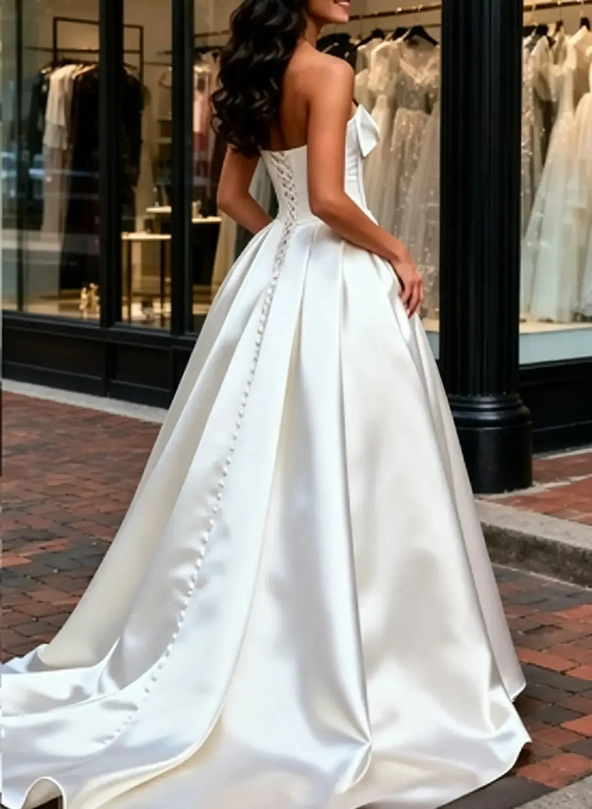 A Line Strapless Sleeveless Court Train Satin Wedding Dress with Bow Beading and High Slit