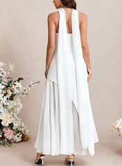 A Line Strapless Sleeveless Floor Length Chiffon Elastic Satin Wedding Dress