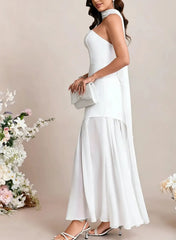A Line Strapless Sleeveless Floor Length Chiffon Elastic Satin Wedding Dress