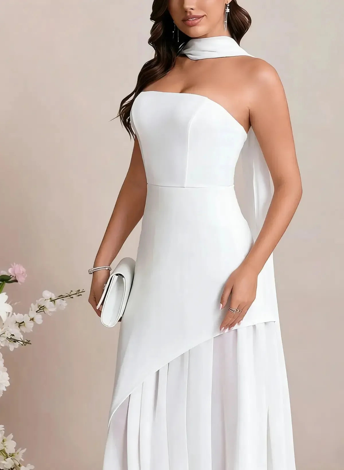 A Line Strapless Sleeveless Floor Length Chiffon Elastic Satin Wedding Dress