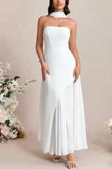 A Line Strapless Sleeveless Floor Length Chiffon Elastic Satin Wedding Dress