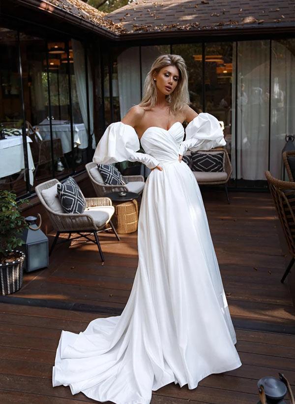 A-Line Strapless Sweep Train Satin Beach Wedding Dress With Front Split