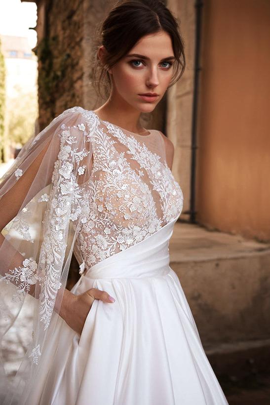 A-Line Sweep Train Satin Wedding Dresses With Appliques Lace