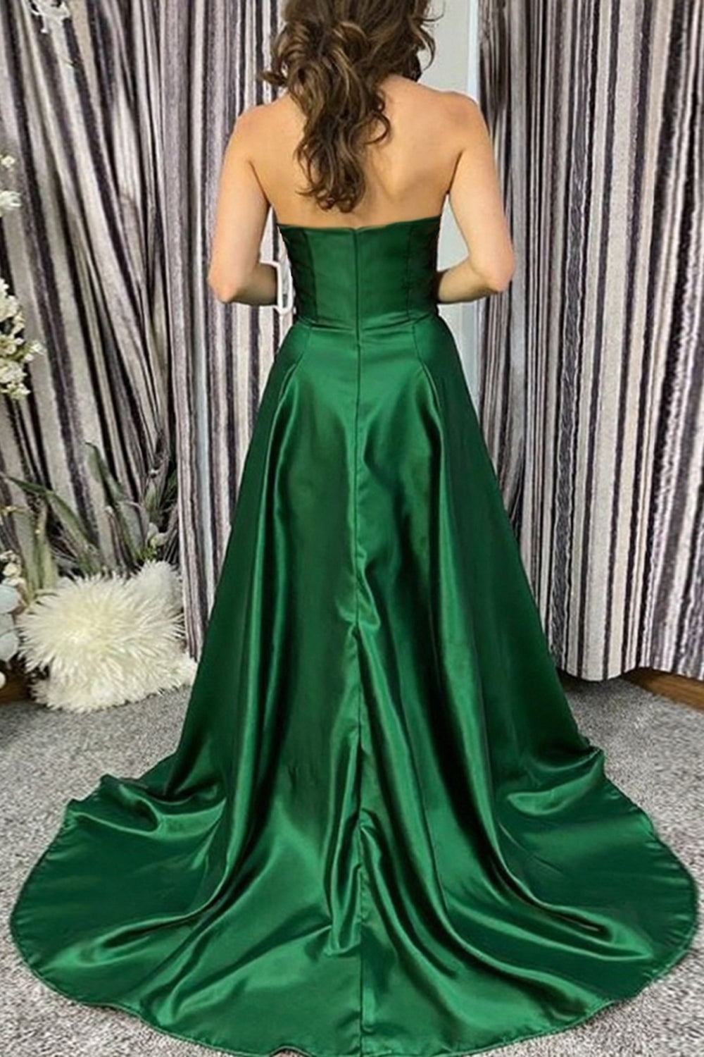 A Line Sweetheart Dark Green Prom Dress Satin Formal Dress With Slit