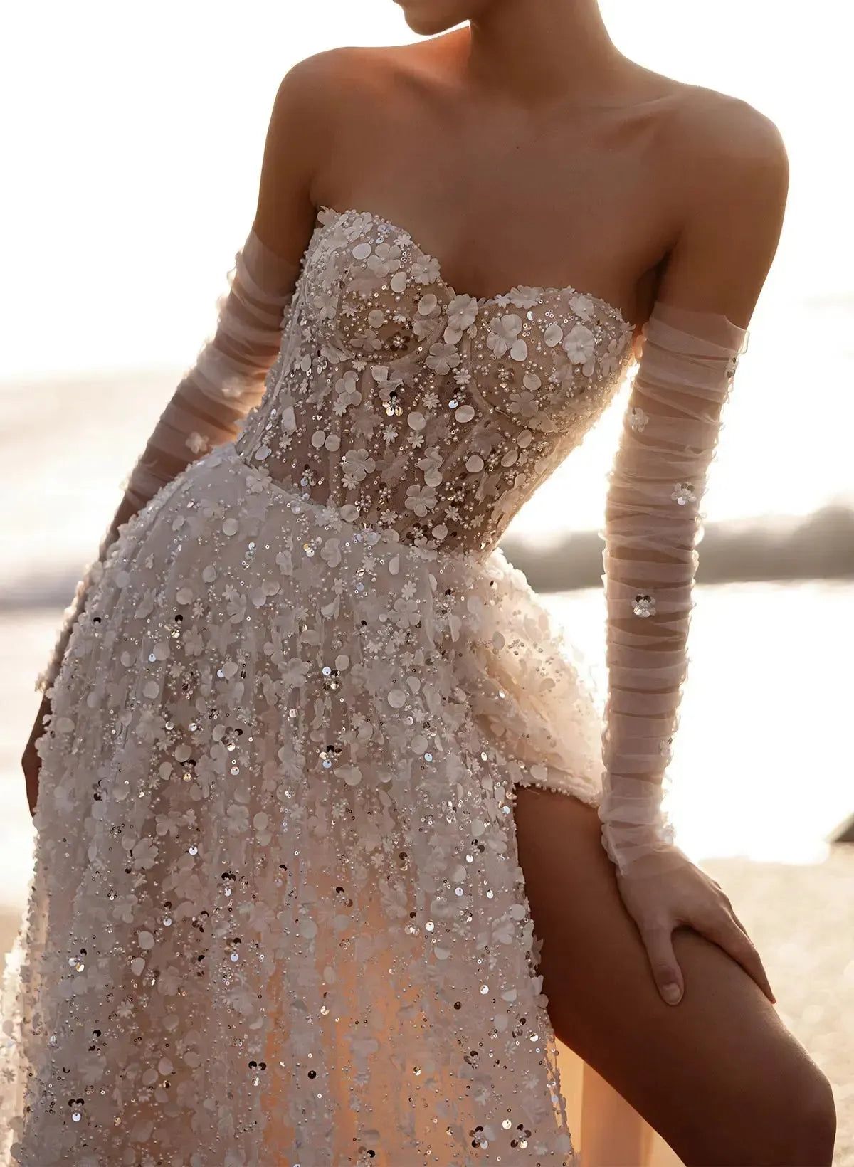 A Line Sweetheart Detachable Sleeves Court Train Lace Wedding Dress with Appliques and High Slit