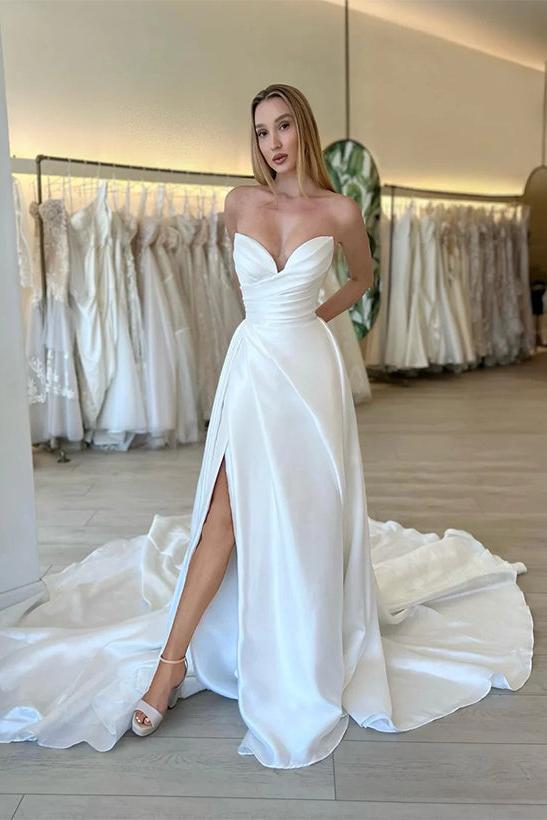A-Line Sweetheart Long Sleeves Wedding Dresses With Split Front