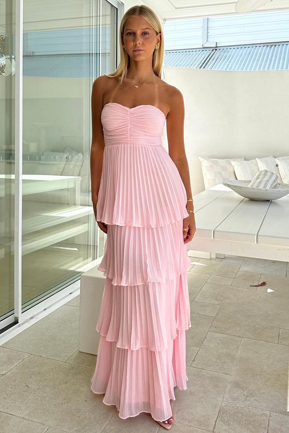A Line Sweetheart Pink Long Prom Dress With Ruffles Formal Evening Gown