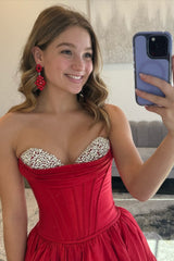 A Line Sweetheart Red Corset Prom Dress With Beading Formal Evening Gown