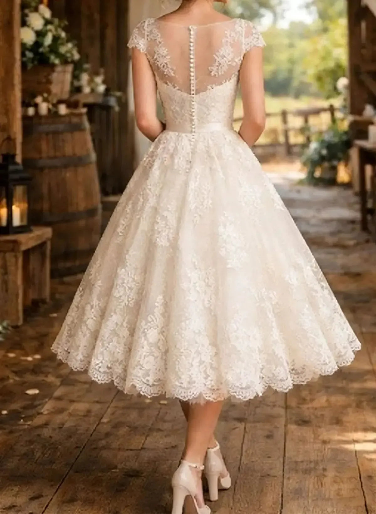 A Line Sweetheart Short Sleeves Tea Length Lace Wedding Dress with Appliques