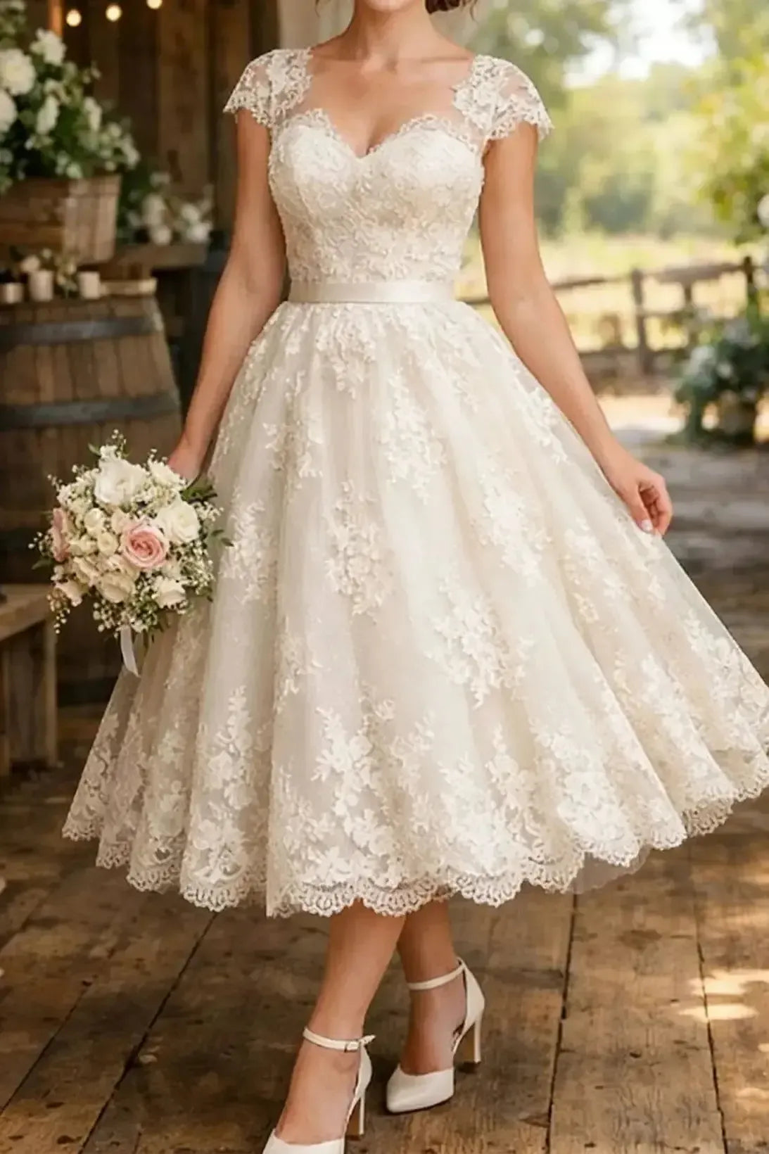 A Line Sweetheart Short Sleeves Tea Length Lace Wedding Dress with Appliques