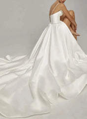 A Line Sweetheart Sleeveless Chapel Train Satin Wedding Dress with Pockets