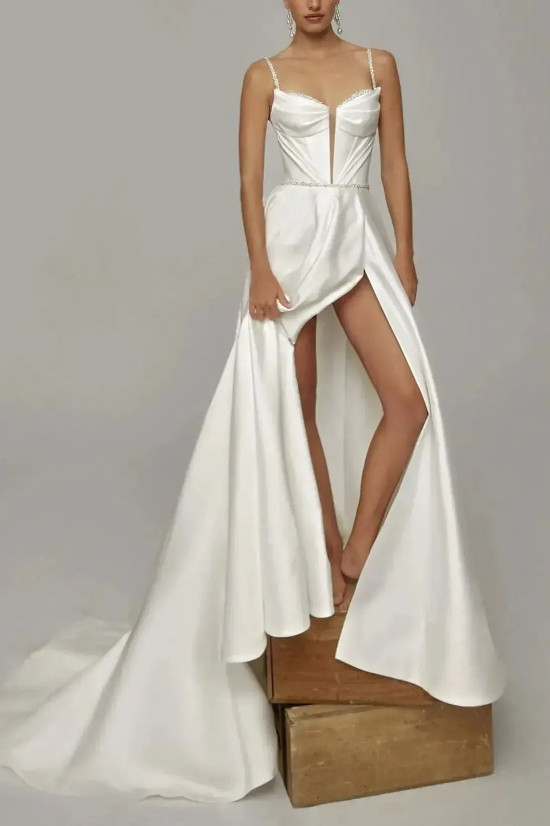 A Line Sweetheart Sleeveless Chapel Train Satin Wedding Dress with Pockets