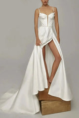 A Line Sweetheart Sleeveless Chapel Train Satin Wedding Dress with Pockets