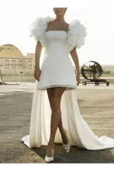 A Line Sweetheart Sleeveless Short Mini Detachable Taffeta Wedding Dress with Beading