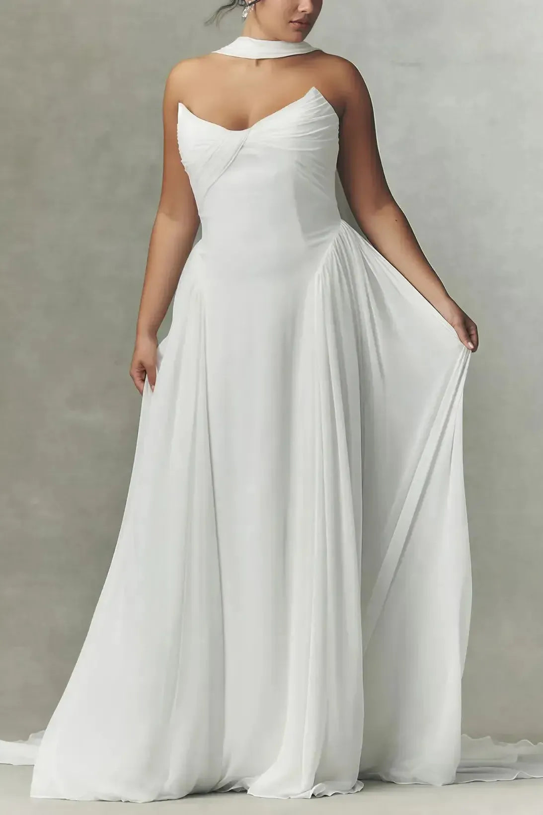 A Line Sweetheart Sleeveless Sweep Train Chiffon Wedding Dress with Pleats