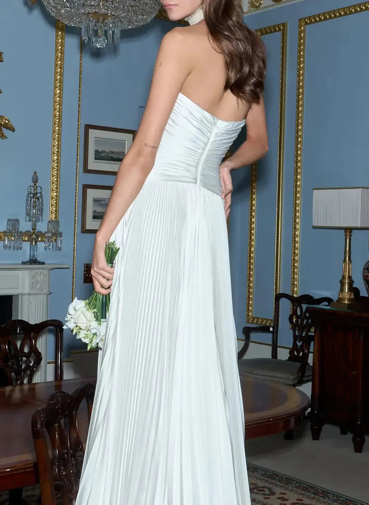 A Line Sweetheart Sleeveless Sweep Train Silk Like Satin Wedding Dress with Pleats