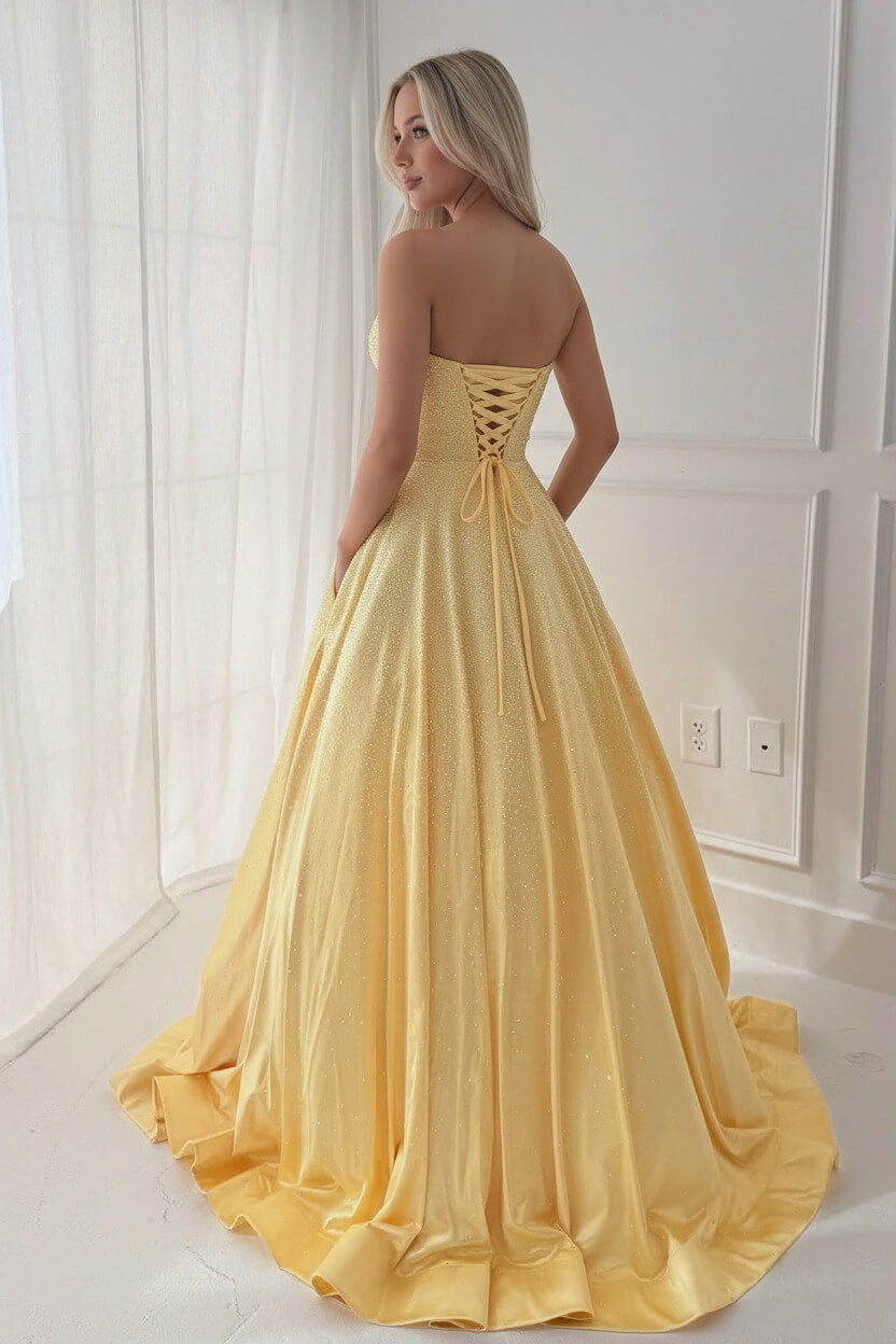 A Line Sweetheart Yellow Long Prom Dress With Beading Keyhole Formal Evening Gown