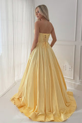 A Line Sweetheart Yellow Long Prom Dress With Beading Keyhole Formal Evening Gown