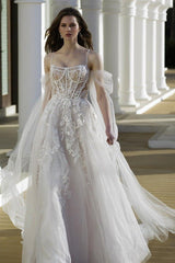 A Line Tulle Lace Spaghetti Straps Sleeve White Wedding Dress Bridal Gown With Appliques
