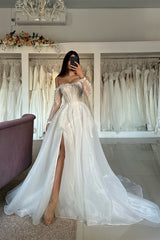 A Line Tulle Lace Strapless Sleeve White Wedding Dress Bridal Gown With Split Front