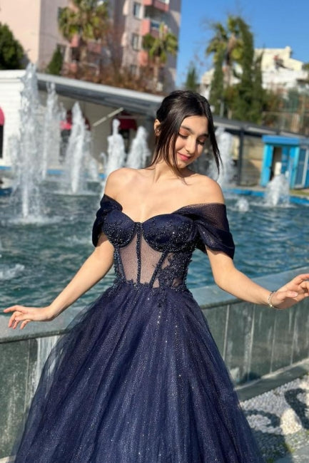 A Line Tulle Off The Shoulder Sleeveless Formal Dress With Appliques