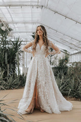 A Line Unique V Neck Sleeves Appliques Bridal Gown With Slit