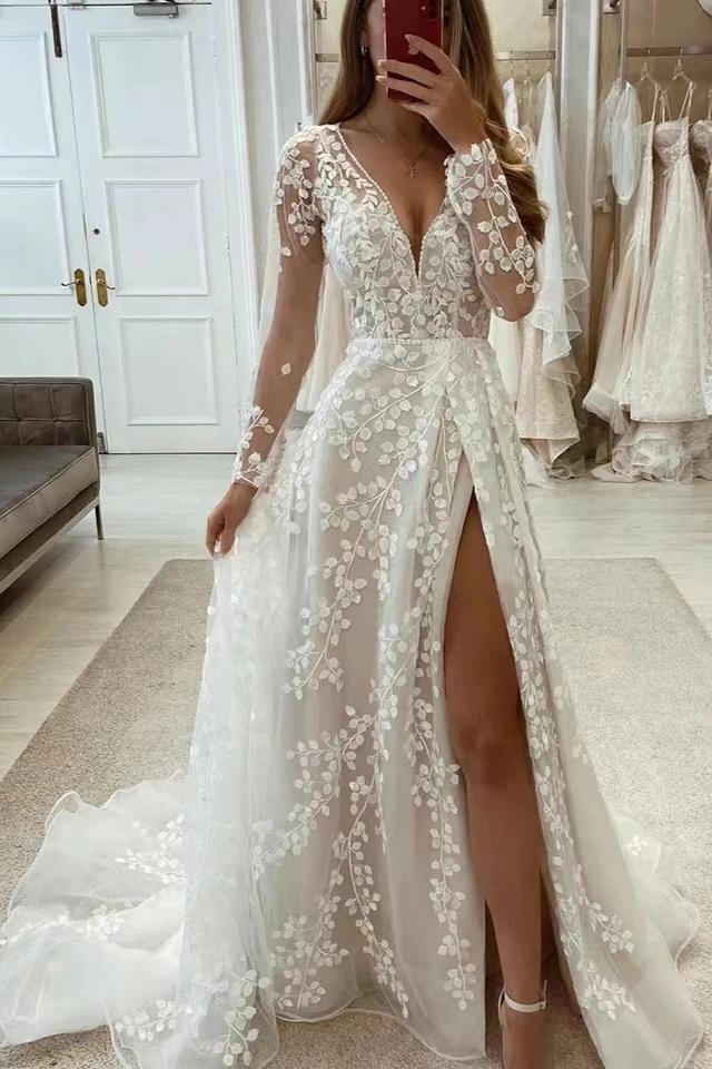 A Line Unique V Neck Sleeves Appliques Bridal Gown With Slit