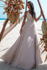A Line V Neck Beach Wedding Dress Lace Beading Sleeveless Bridal Gown