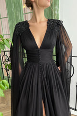 A Line V Neck Evening Dress Long Sleeve Split Front Appliques Lace Vintage Prom Dress