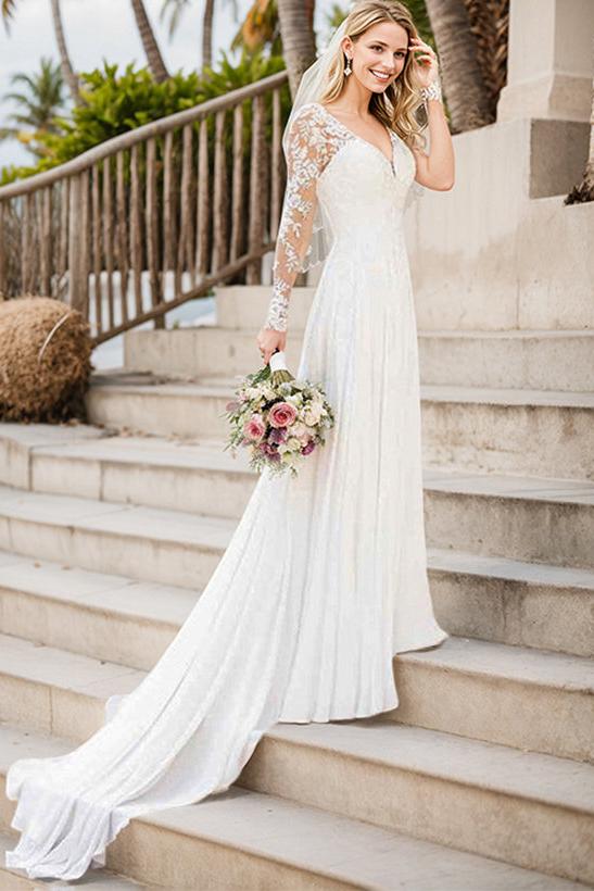 A-Line V-Neck Long Sleeves Chiffon Court Train Beach Wedding Dress With Lace: