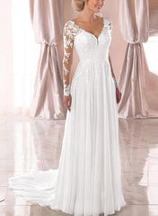 A-Line V-Neck Long Sleeves Chiffon Court Train Beach Wedding Dress With Lace: