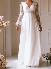 A Line V Neck Long Sleeves Floor Length Chiffon Wedding Dress with Bow and Lace