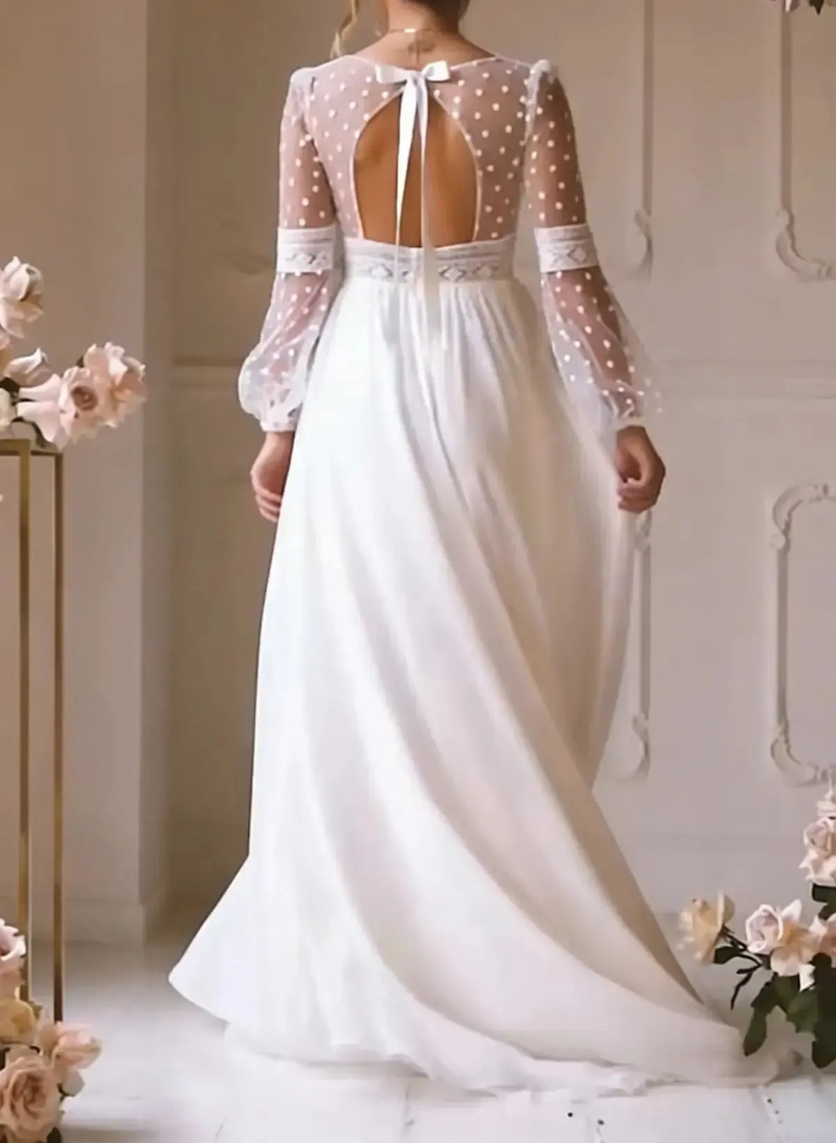 A Line V Neck Long Sleeves Floor Length Chiffon Wedding Dress with Bow and Lace