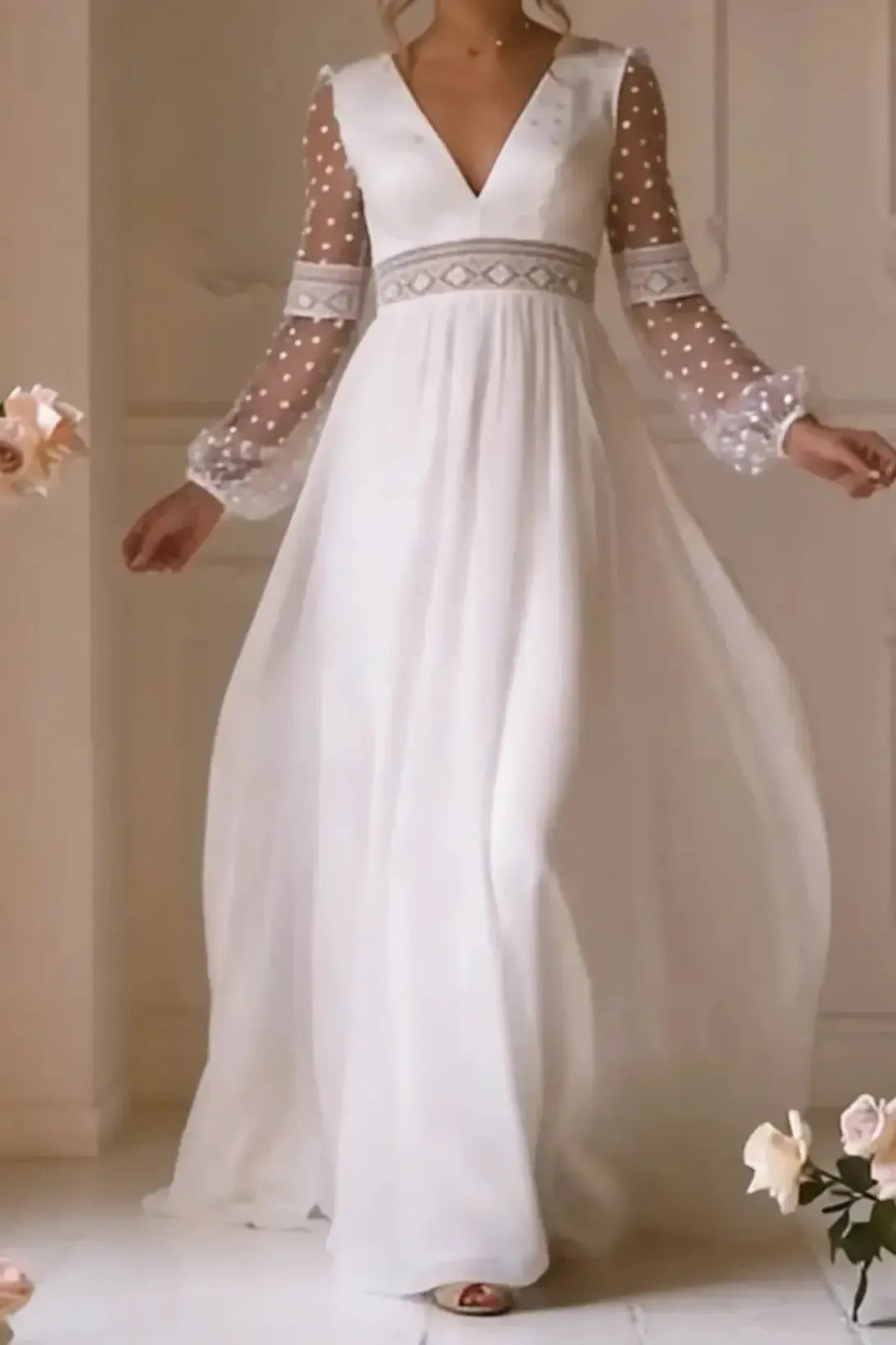 A Line V Neck Long Sleeves Floor Length Chiffon Wedding Dress with Bow and Lace