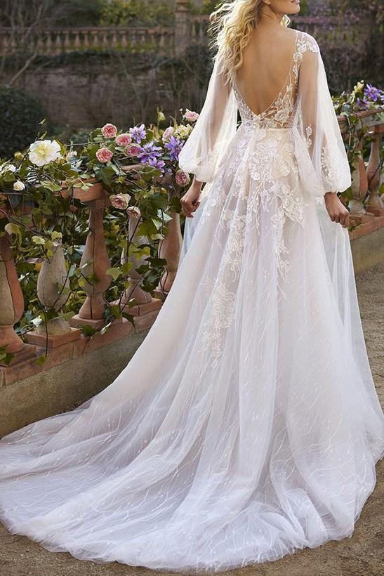 A-Line V-Neck Long Sleeves Lace Chapel Train Beach Wedding Dresses With Appliques Lace