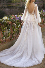 A-Line V-Neck Long Sleeves Lace Chapel Train Beach Wedding Dresses With Appliques Lace