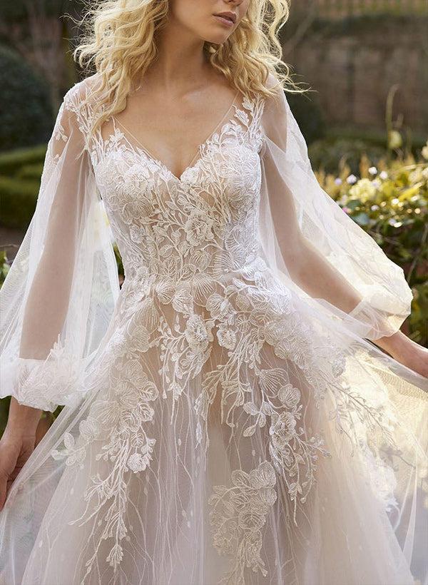 A-Line V-Neck Long Sleeves Lace Chapel Train Beach Wedding Dresses With Appliques Lace