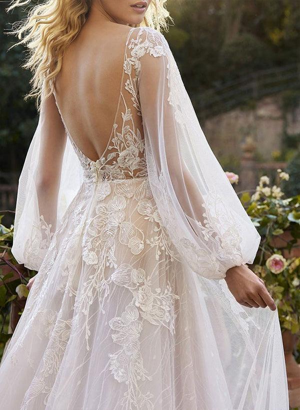 A-Line V-Neck Long Sleeves Lace Chapel Train Beach Wedding Dresses With Appliques Lace
