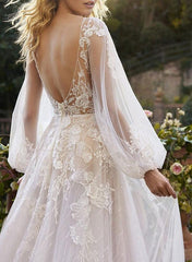 A-Line V-Neck Long Sleeves Lace Chapel Train Beach Wedding Dresses With Appliques Lace