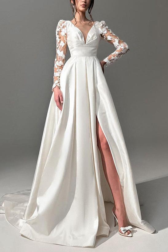 A-Line V-Neck Long Sleeves Lace/Satin Wedding Dresses With Split Front