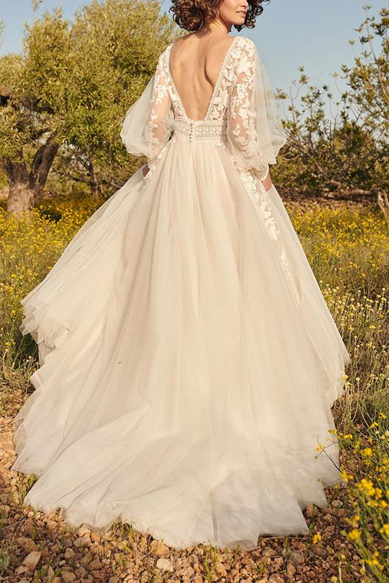 A-Line V-Neck Long Sleeves Lace/Tulle Beach Wedding Dresses